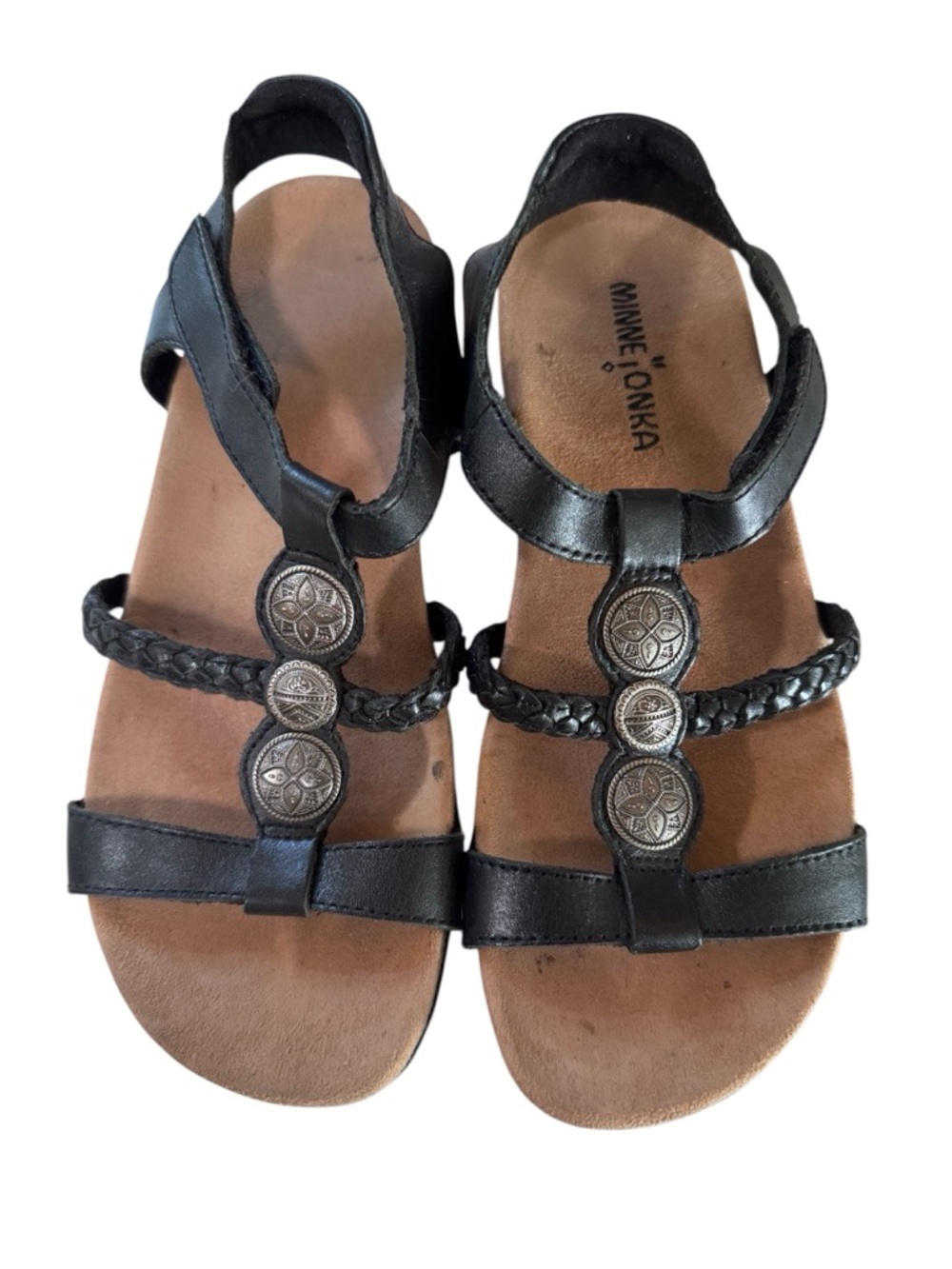 Minnetonka Black Leather Braided Concho Sandals 6